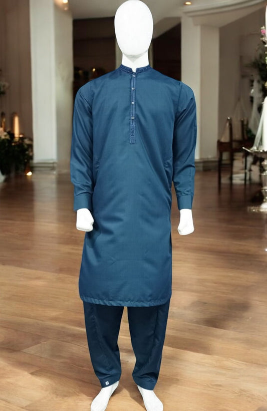 Men’s Embrioded Shalwar Qameez- Oxford Blue - button & threads