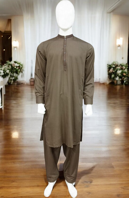 Men’s Embrioded Shalwar Qameez- Coffee Brown - button & threads