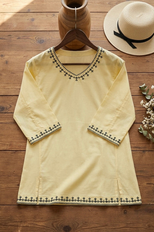 Woman Yellow Cotton Tops-Neck Embroidery-AT 1001