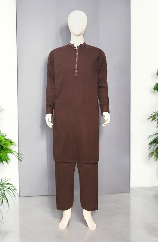Men’s Embroided Shalwar Qameez Chocolate Brown - button & threads