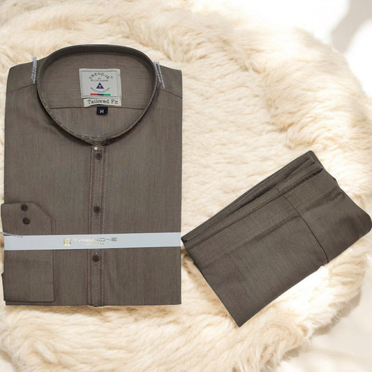 Men’s Embrioded Shalwar Qameez-Texture Brown -BC1011 - button & threads