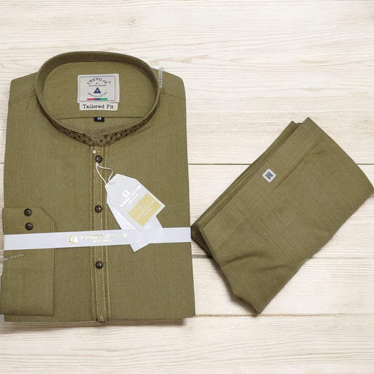 Men’s Embrioded Shalwar Qameez- Texture Olive-BC1006 - button & threads