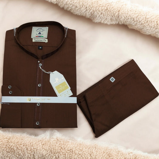 Men’s Embrioded Shalwar Qameez- Brown-BC1001 - button & threads
