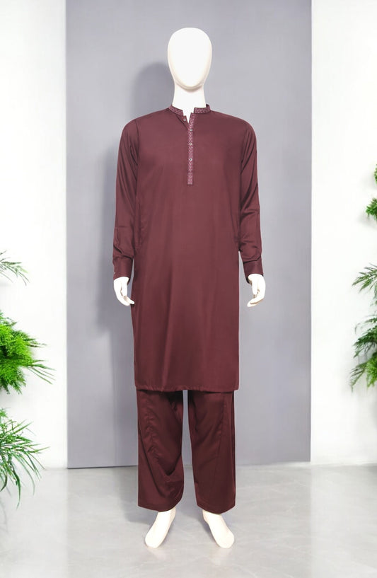 Men’s Embroided Shalwar Qameez- Dark Plum - button & threads