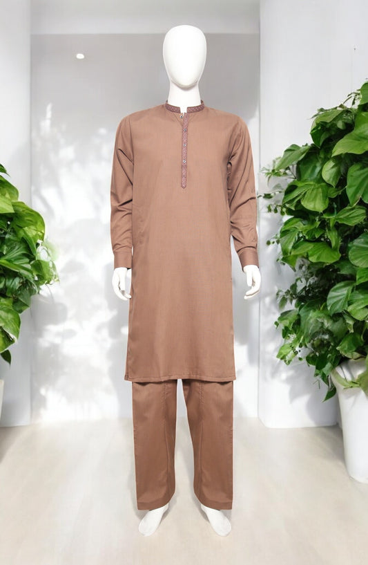 Men’s Embroided Shalwar Qameez Light-Mid Brown - button & threads