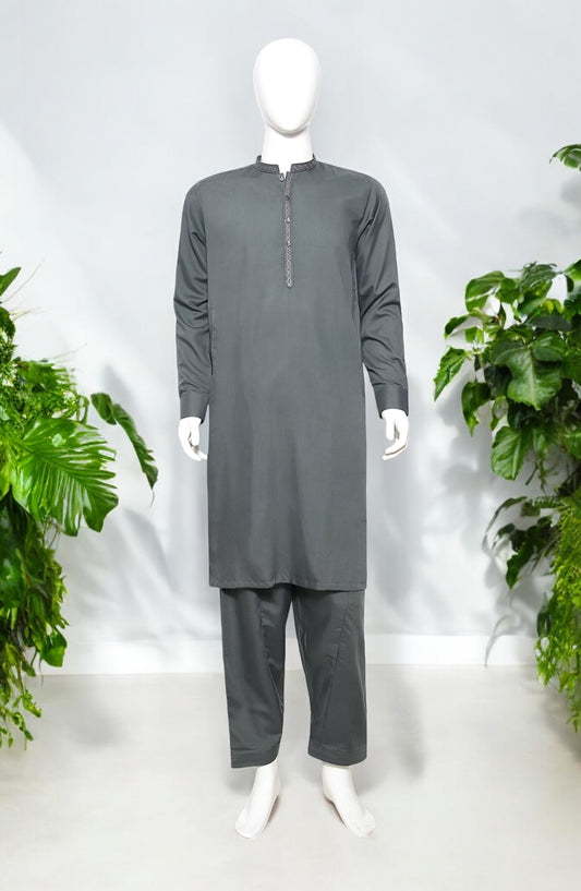 Men’s Embroided Shalwar Qameez-Olive Green - button & threads
