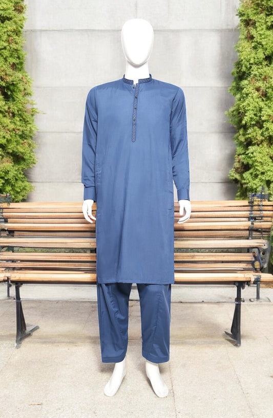 Men’s Embroided Shalwar Qameez- Mid Blue - button & threads