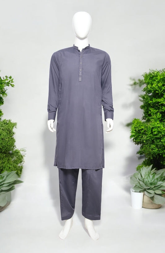 Men’s Embroided Shalwar Qameez Smoke-Grey - button & threads