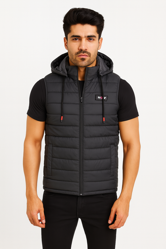 Button & Threads™ Unisex Sleeves Less Steel Grey With Badge Puffer Jacket - button & threads