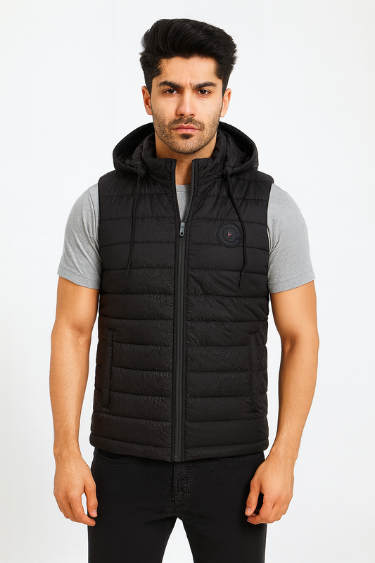 Button & Threads™ Unisex Jet Black Sleeves Less With Badge Puffer Jacket - button & threads