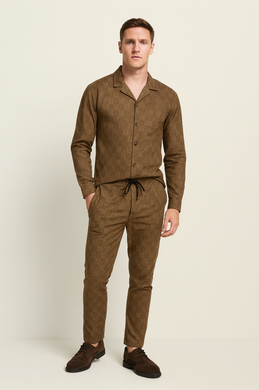 Men China Cotrai Safari Suit- Brown-Louis-Viton - button & threads