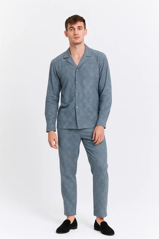 Men China Cotrai Safari Suit- Grey-Louis-Viton - button & threads