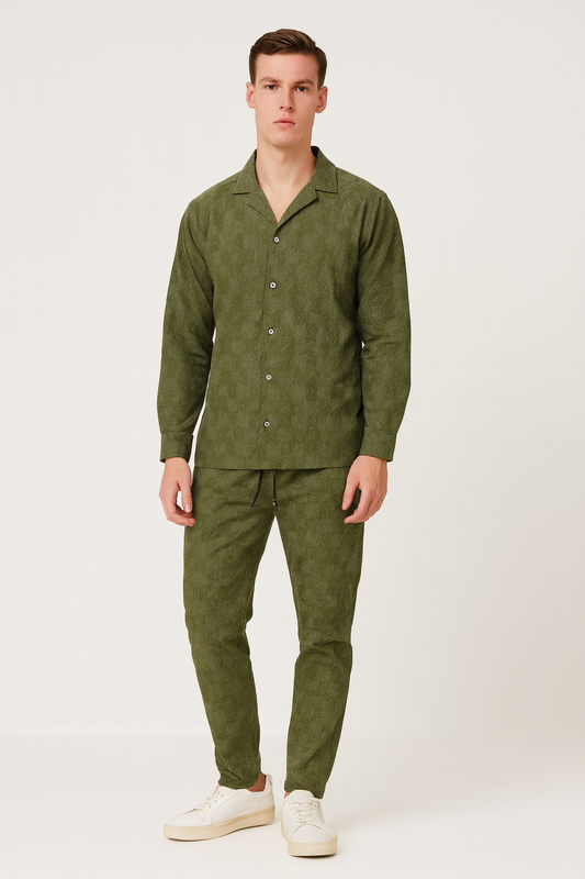 Men China Cotrai Safari Suit-Olive Green-Louis-Viton - button & threads