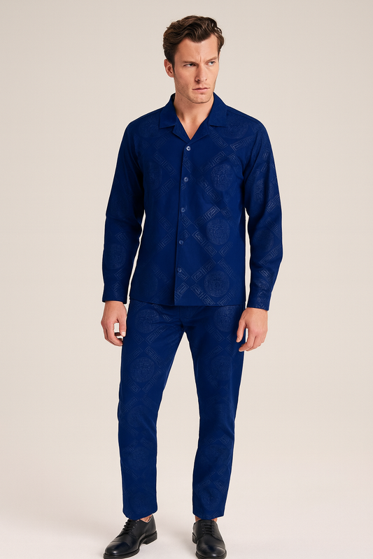 Men China Cotrai Safari Suit- Navy Blue -Ve-sachi - button & threads