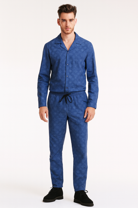 Men China Cotrai Safari Suit- Mid Blue L-V - button & threads