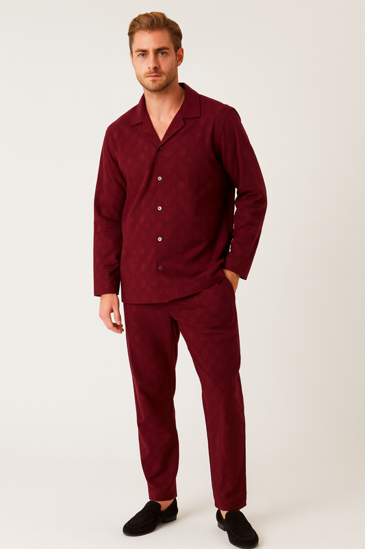 Men China Cotrai Safari Suit- Burgundy/Mehroon L-V - button & threads