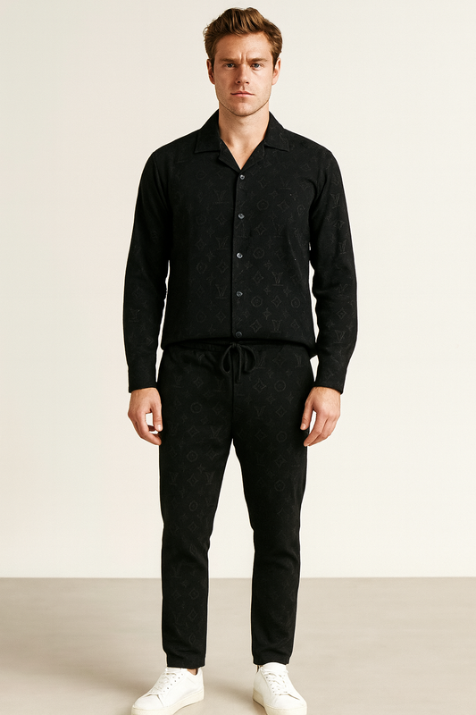 Men China Cotrai Safari Suit- Jet Black L-V - button & threads