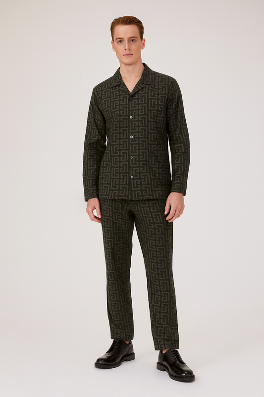 Men China Cotrai Safari Suit- Dark Olive Green-Pattren - button & threads