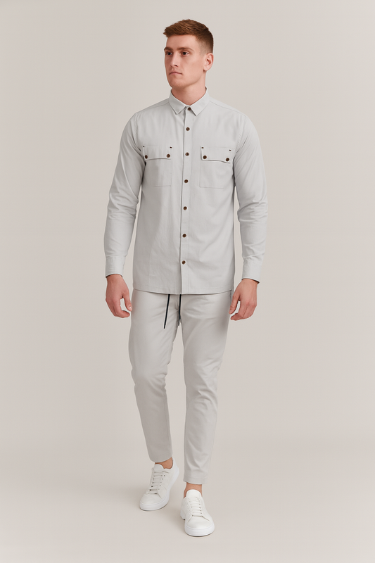 Men Stretchable Safari Suit-Jet White - button & threads