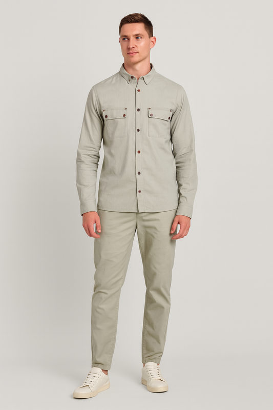 Men Stretchable Safari Suit- Light Olive Green - button & threads