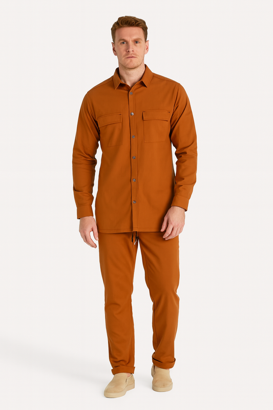 Men Stretchable Safari Suit-Khaki - button & threads