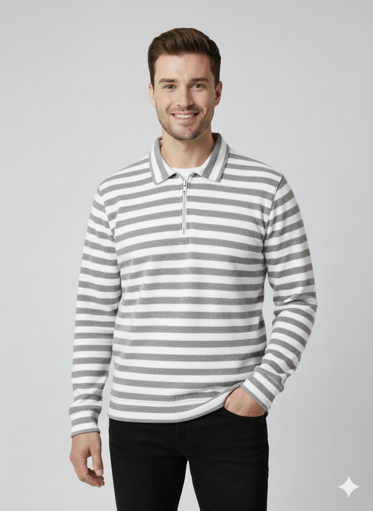 Old Money Men's Zipped Grey Striped Textured Sweat Shirt - button & threads