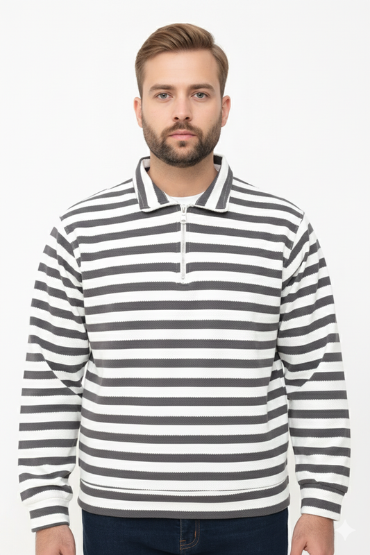 Old Money Men's Zipped Brown Striped Textured Sweat Shirt