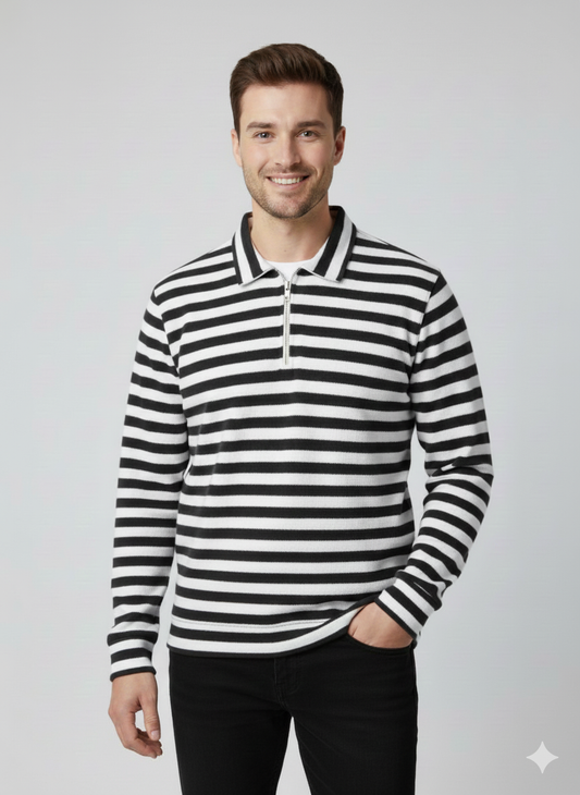 Old Money Men's Zipped Black Striped Textured Sweat Shirt - button & threads