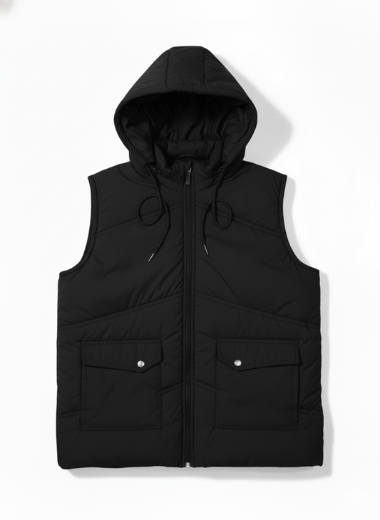 Sleeves Less Jet Black Double Pocket Puffer Jacket For Male & Female