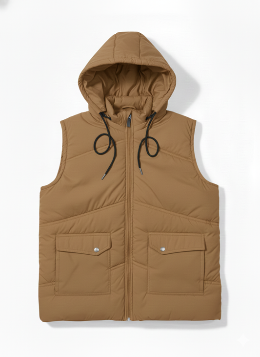 Sleeves Less Camel Double Pocket Puffer Jacket For Male & Female