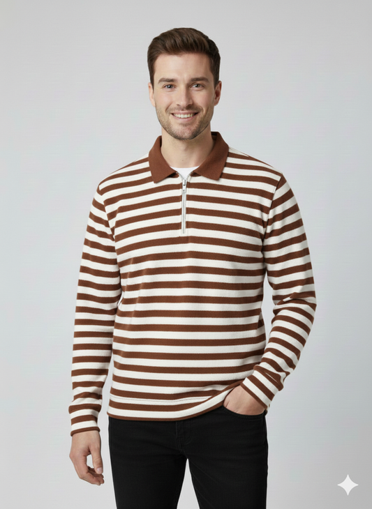 Old Money Men's Zipped BrownStriped Textured Sweat Shirt - button & threads
