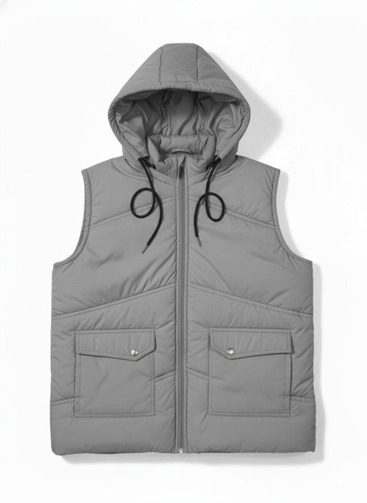 Sleeves Less Grey Double Pocket Puffer Jacket For Male & Female