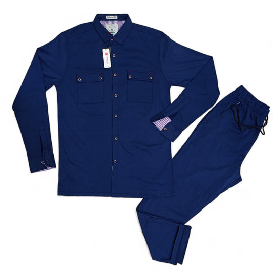 Men Stretchable Safari Suit- Navy Blue - button & threads