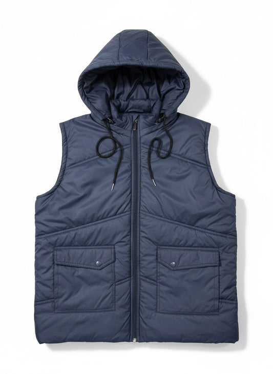 Sleeves Less Blue Double Pocket Puffer Jacket For Male & Female