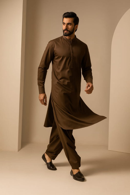 Men’s Embrioded Shalwar Qameez-Dark Brown-BC1027 - button & threads