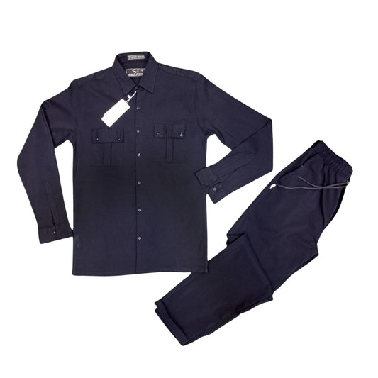 Men Stretchable Safari Suit- Jet Black - button & threads