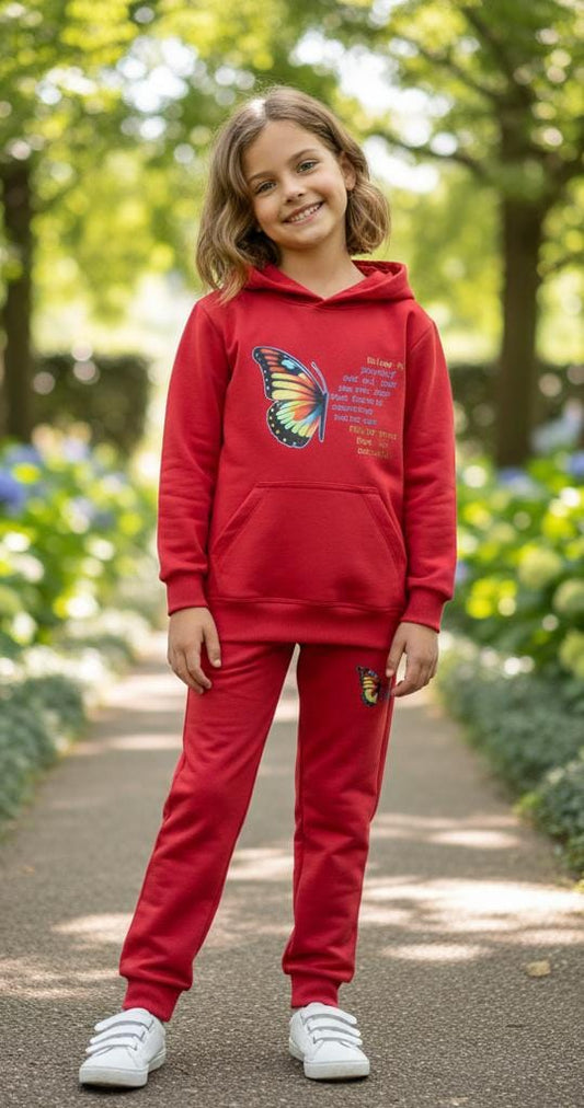 Button & Threads™ Girls Butterfly Red Hoody Track Suit