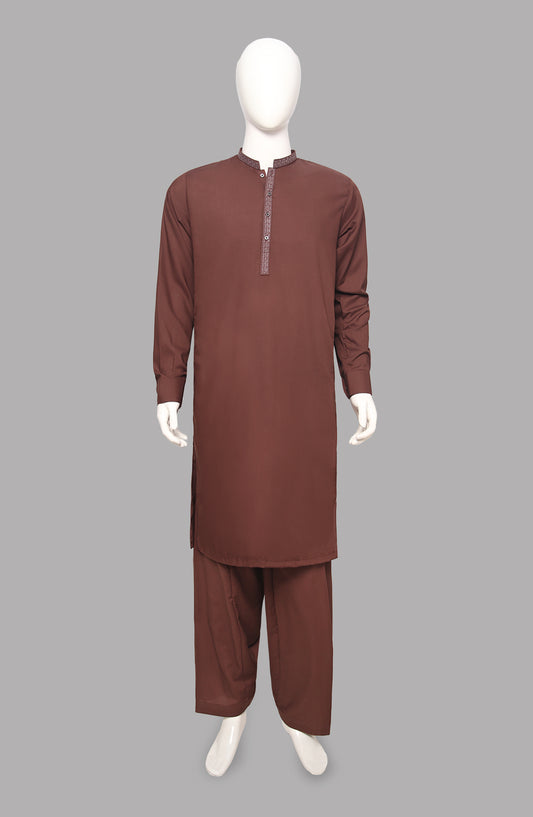 Men’s Embrioded  Shalwar Qameez- Mahroon - button & threads