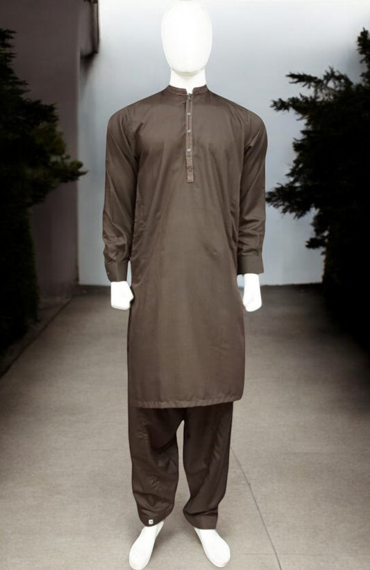 Men’s Embrioded Shalwar Qameez- Marble Brown