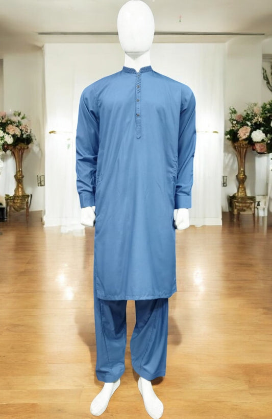 Men’s Embrioded Shalwar Qameez- Mid Sky