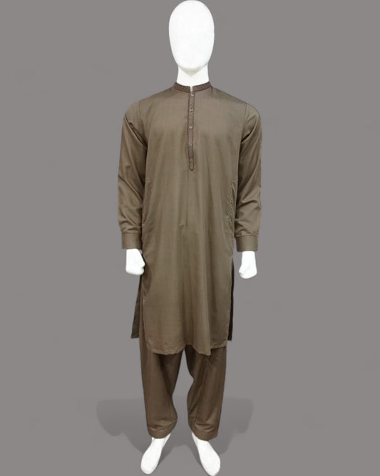 Men’s Embrioded Shalwar Qameez- Coffee Brown