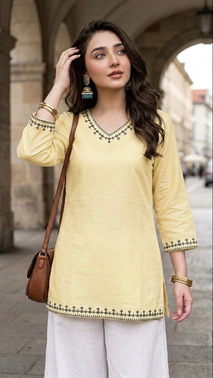 Woman Yellow Cotton Tops-Neck Embroidery-AT 1001 - button & threads