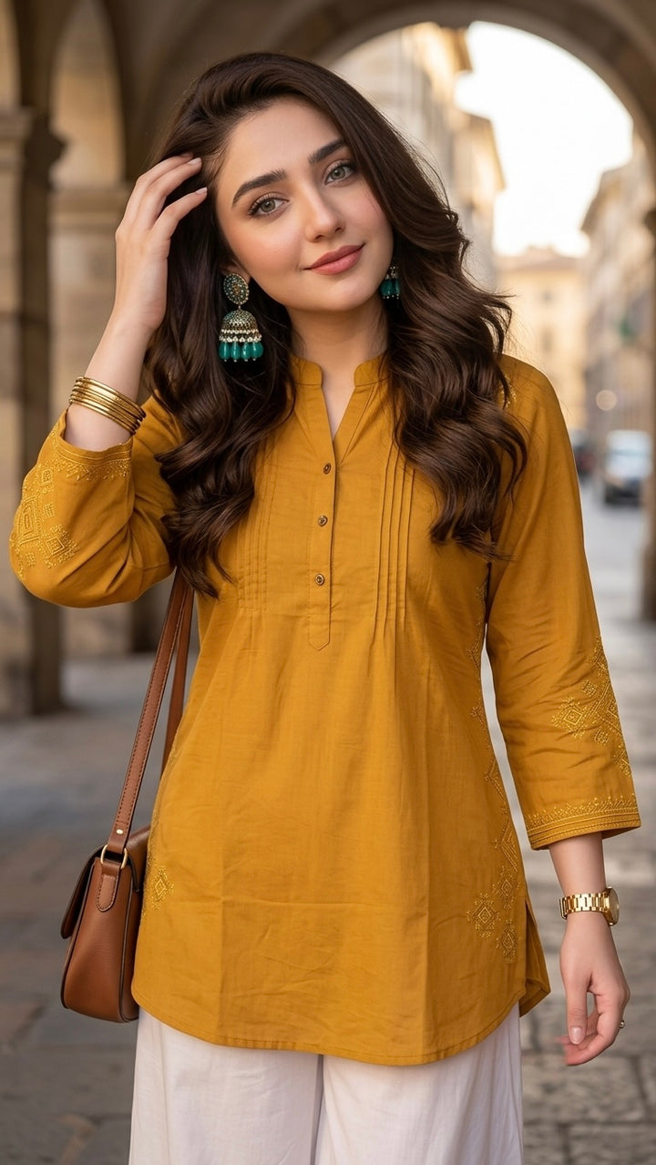 Woman Mustard Cotton Tops-Front Plates -AT 1002 - button & threads