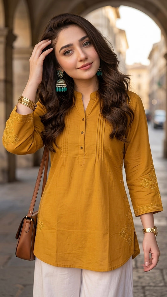 Woman Mustard Cotton Tops-Front Plates -AT 1002