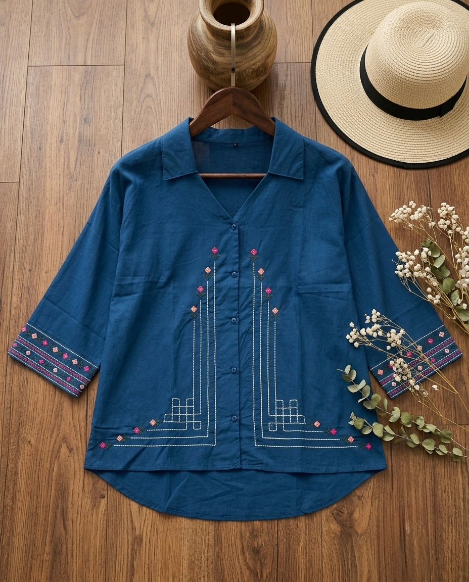 Woman Blue Cotton Tops-Front Embroidery-AT 1006