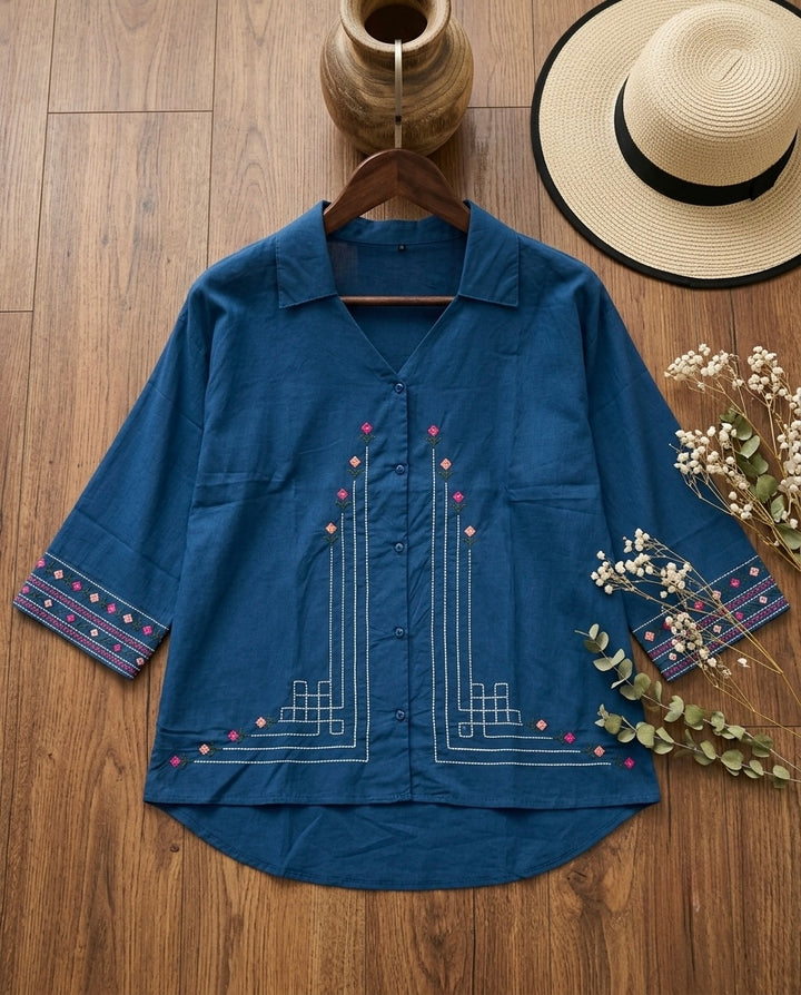 Woman Blue Cotton Tops-Front Embroidery-AT 1006