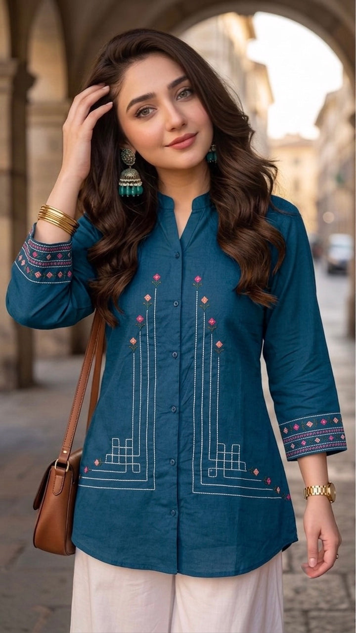 Woman Blue Cotton Tops-Front Embroidery-AT 1006