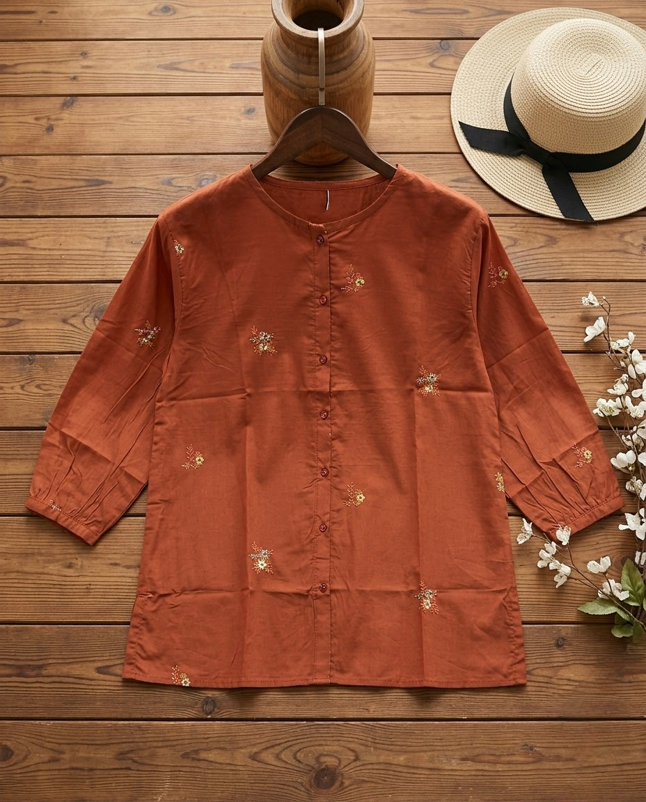 Woman Rust Cotton Tops-All Over Embroidery-AT 1008