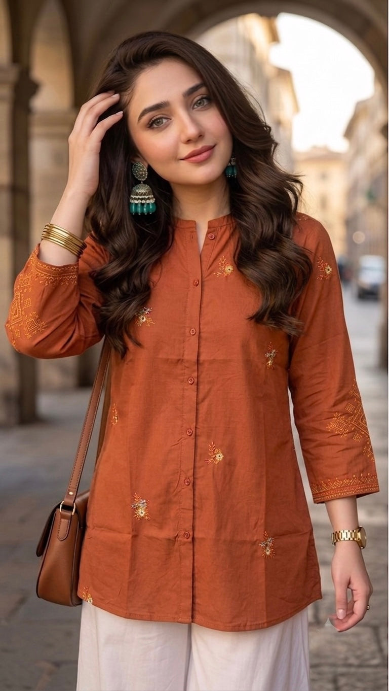 Woman Rust Cotton Tops-All Over Embroidery-AT 1008