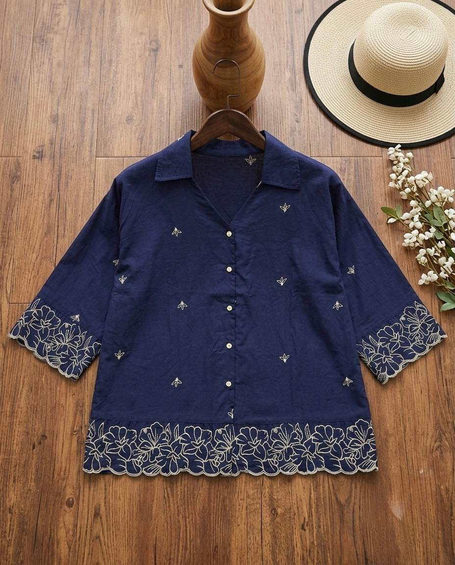 Woman Blue Cotton Tops-Boarder Embroidery-AT 1009
